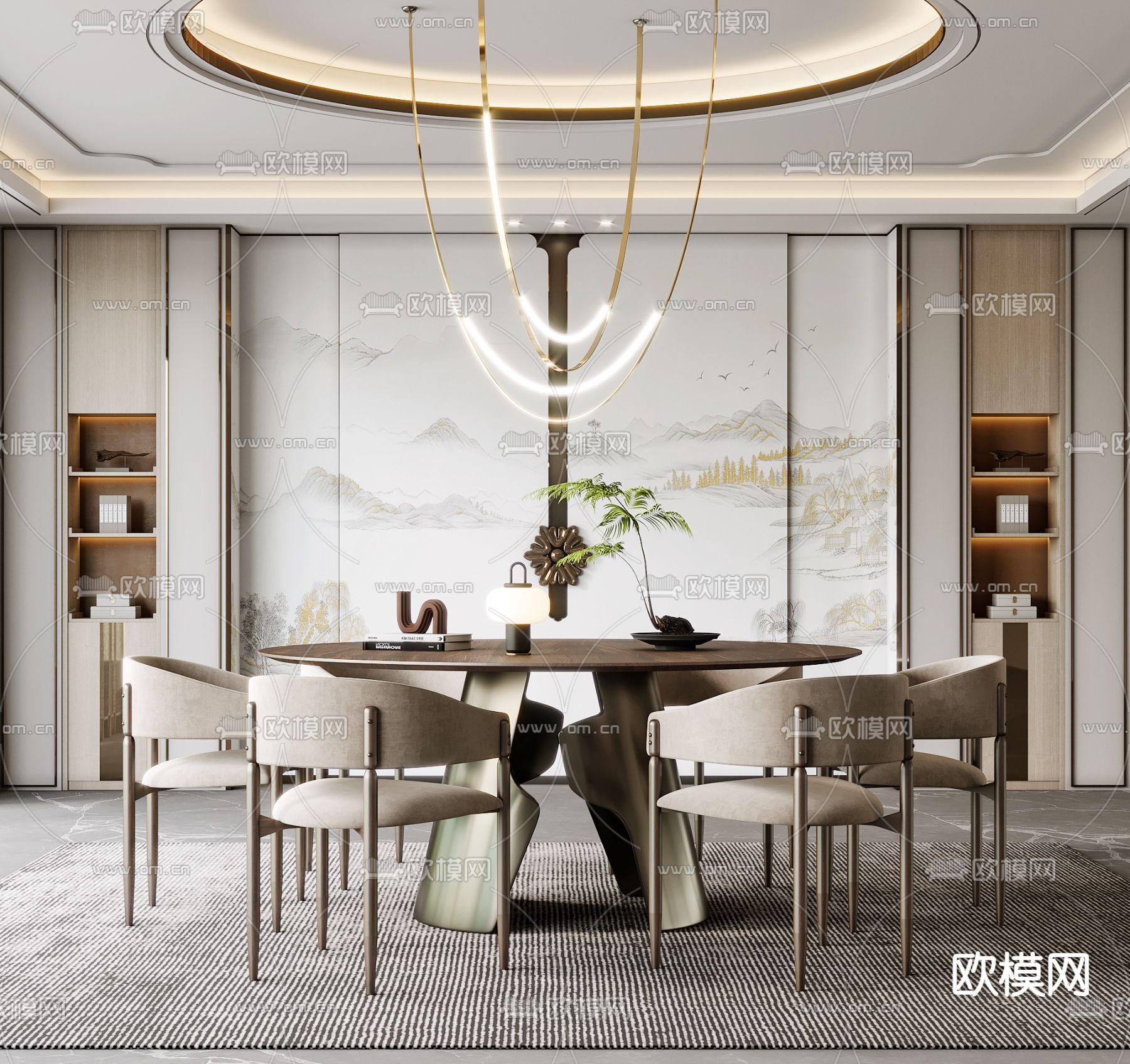 新中式餐桌椅su模型下载（渲染图1）