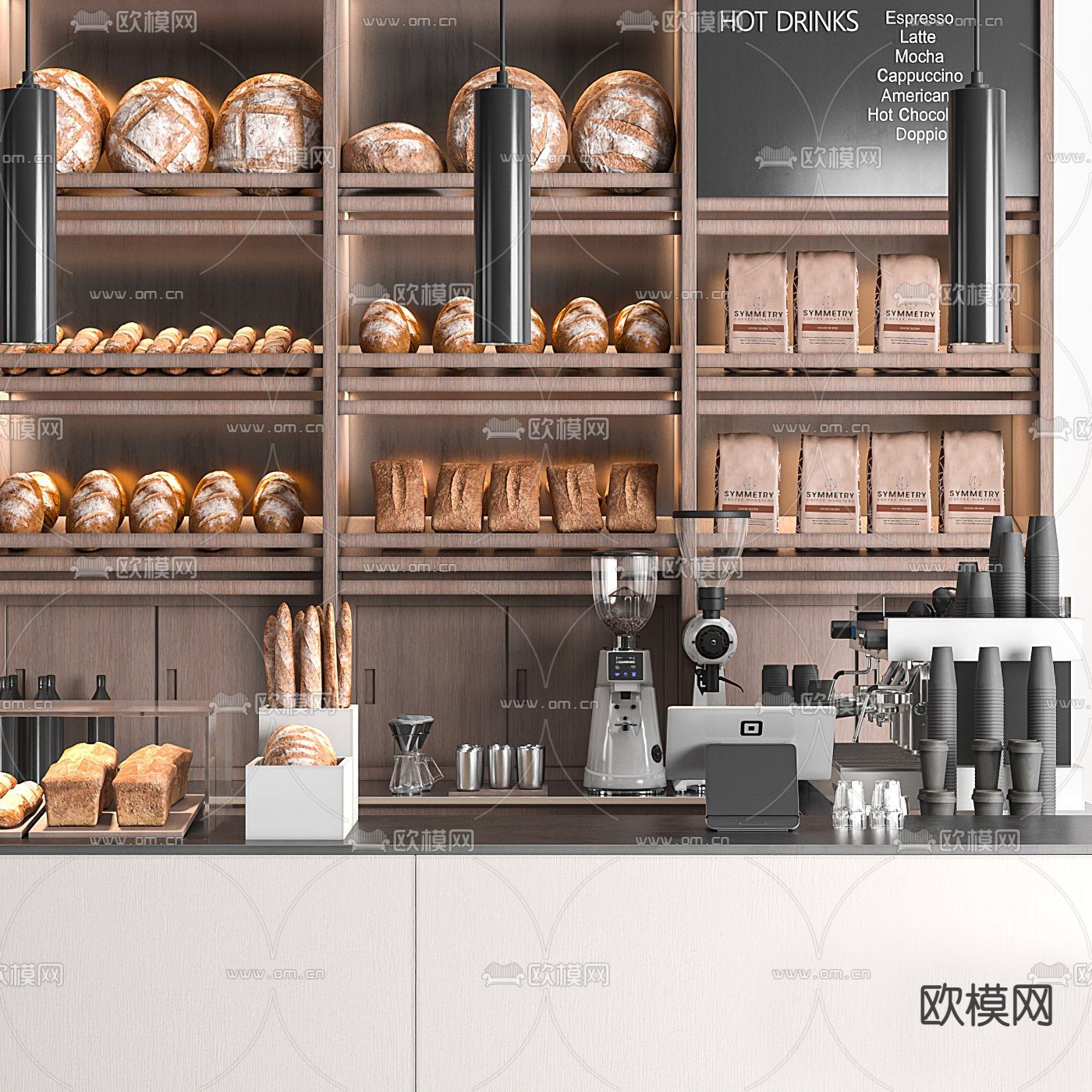 现代面包店柜台展柜3d模型下载（渲染图2）