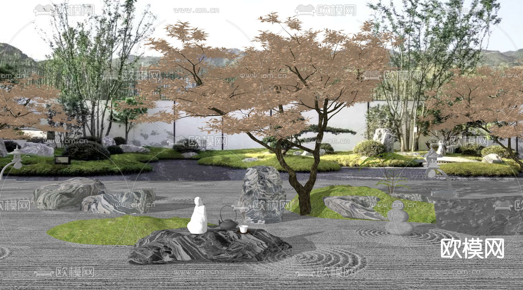 日式枯山石庭院景观su模型下载（渲染图2）