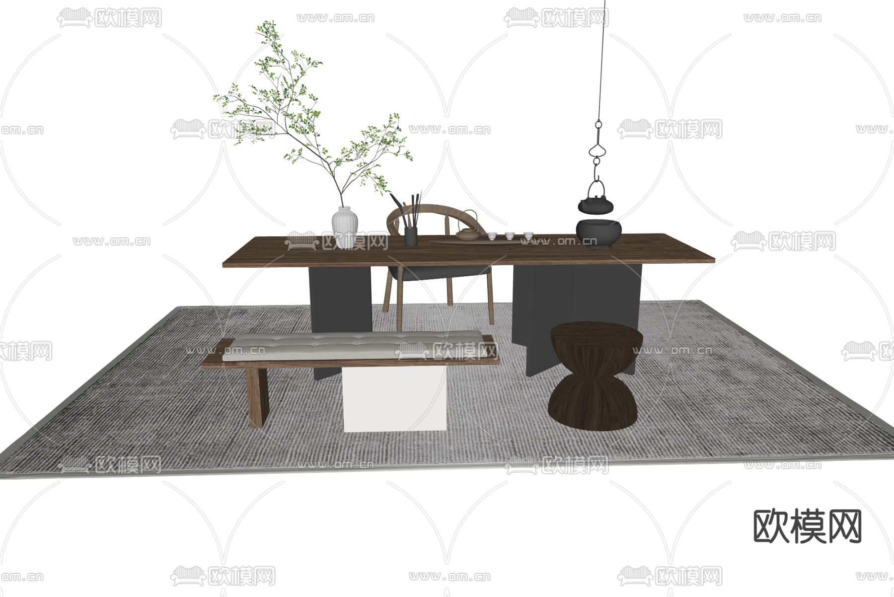 现代茶桌椅su模型下载（渲染图2）