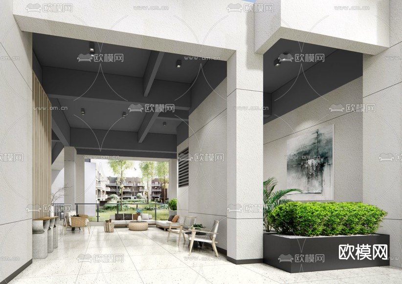 现代架空层老年休闲区su模型下载(渲染图1)