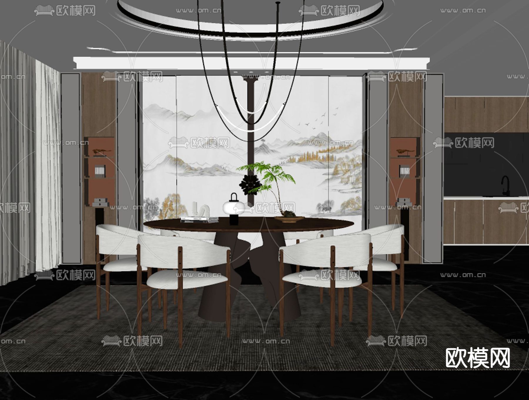 新中式餐桌椅su模型下载（渲染图2）