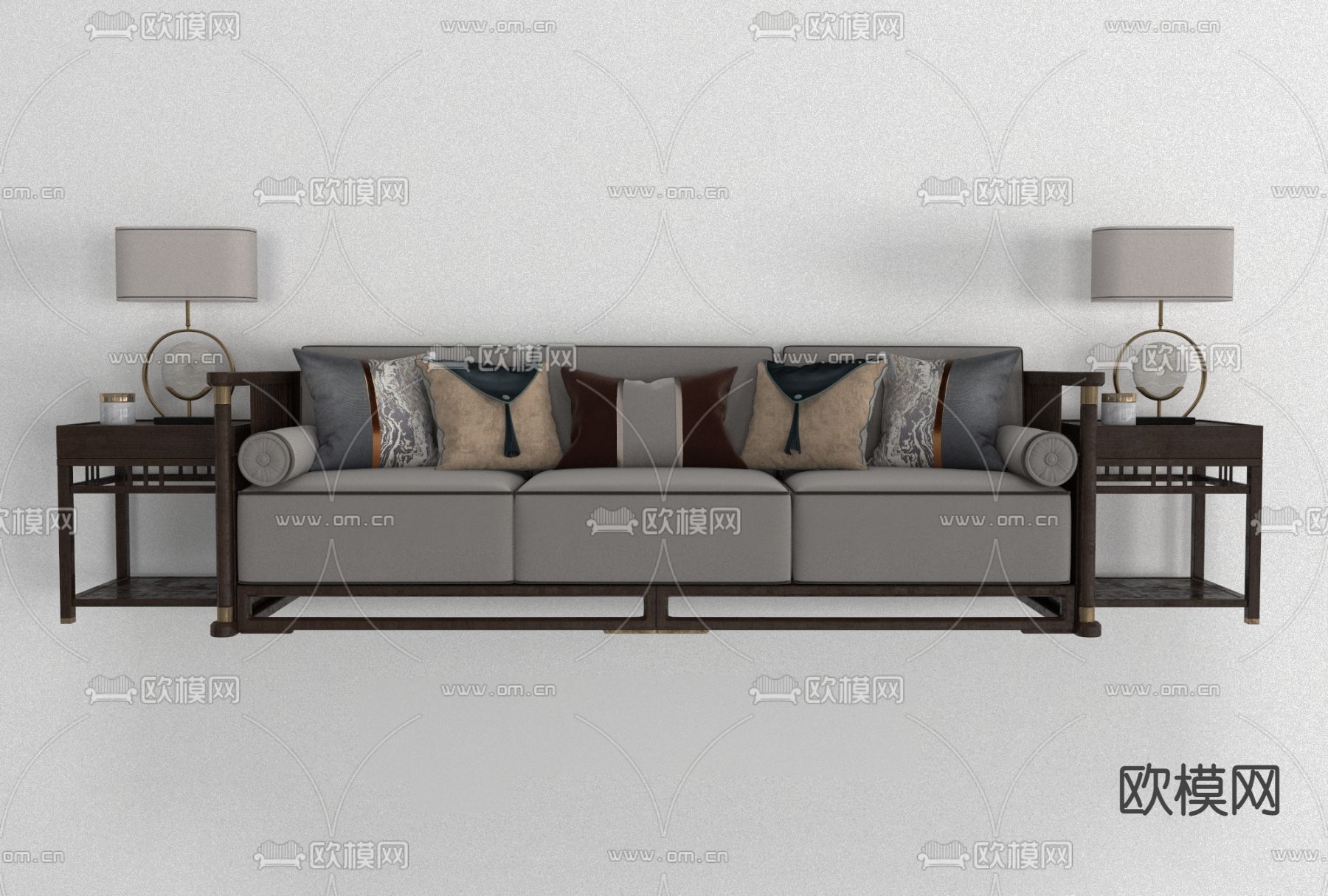 新中式布艺多人沙发 三人沙发免费3d模型下载