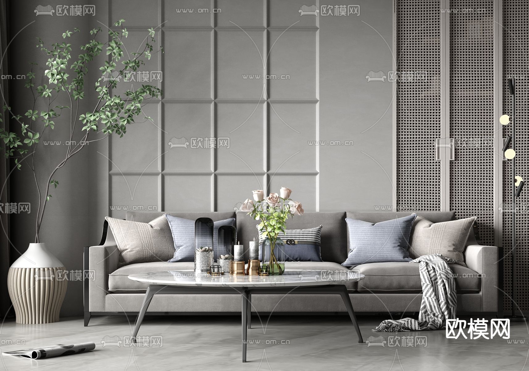 现代轻奢多人沙发su模型下载（渲染图1）