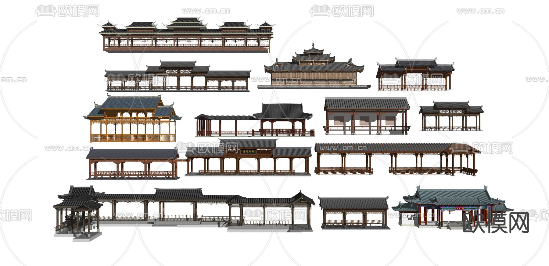 中式仿古长廊景观su模型