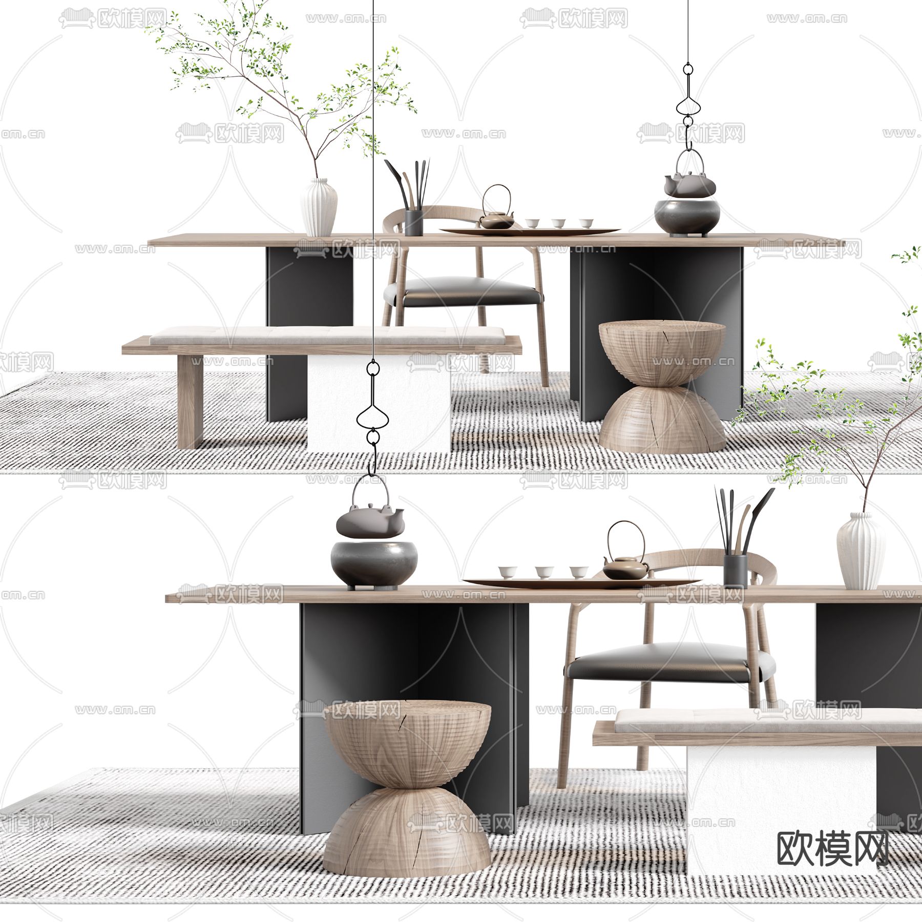 现代茶桌椅su模型下载（渲染图1）
