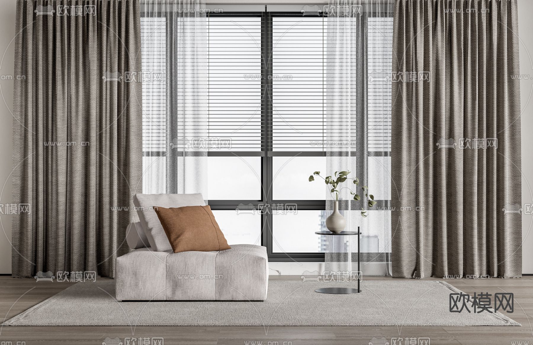 现代布艺窗帘su模型下载（渲染图1）