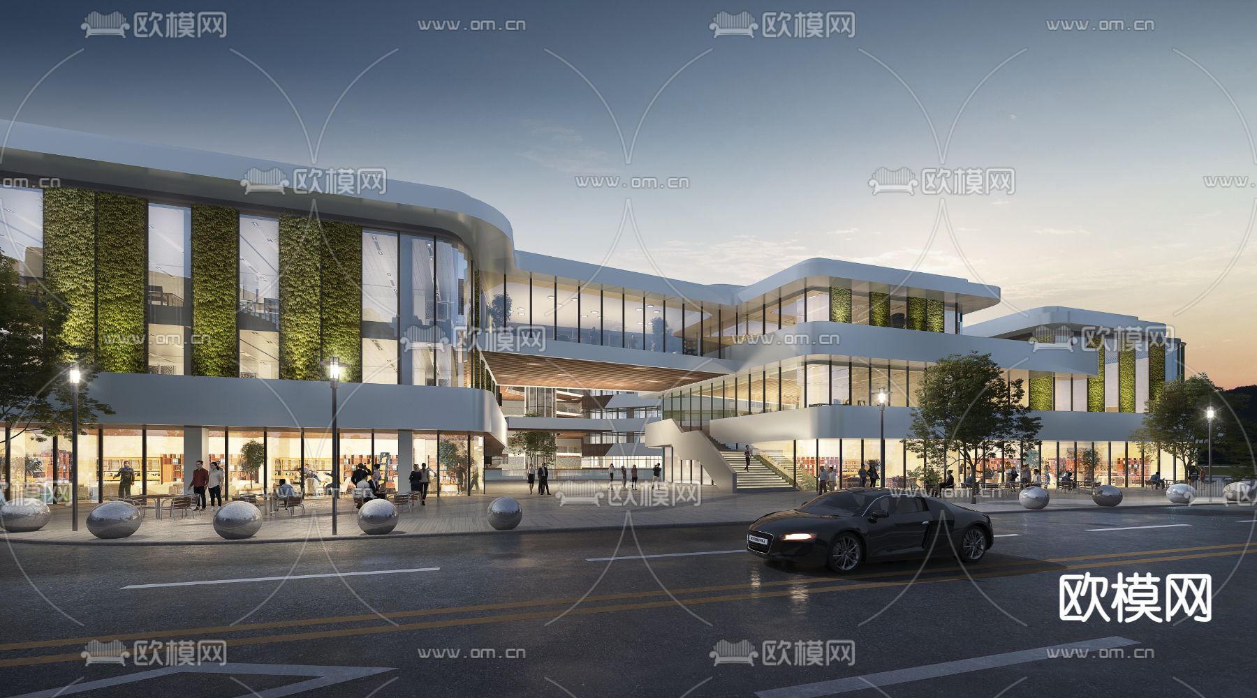 现代多层办公楼外观夜景3d模型下载