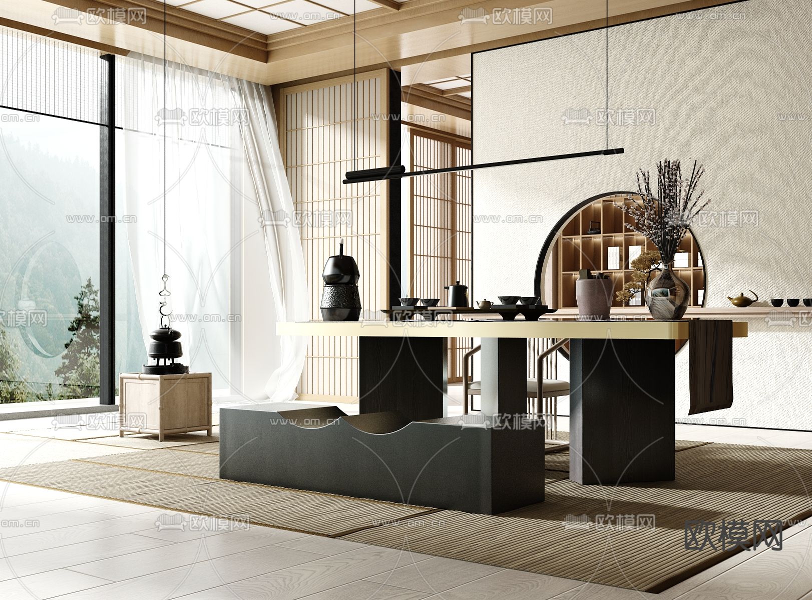 新中式实木茶桌椅3d模型下载