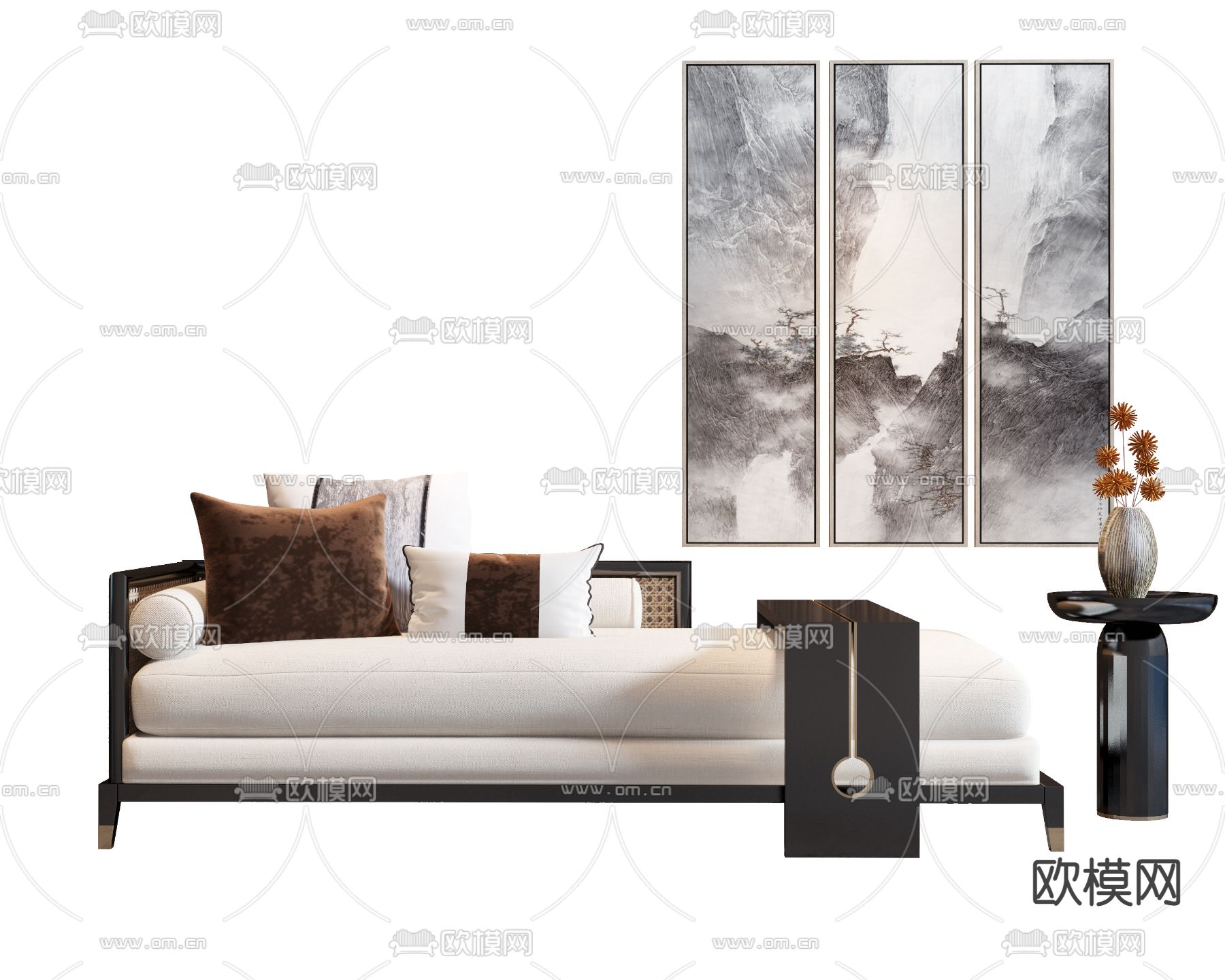 新中式布艺贵妃椅3d模型下载