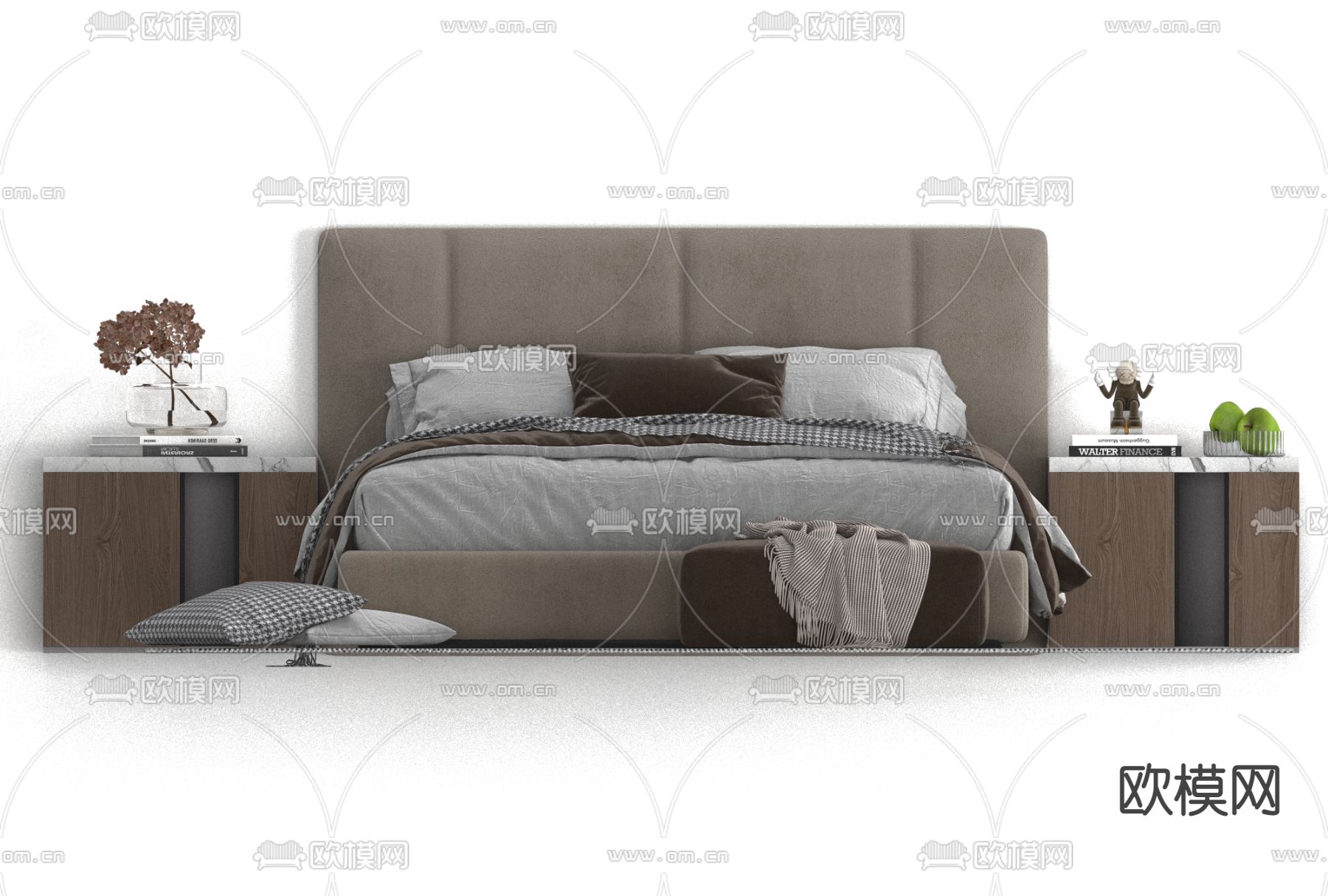 现代布艺双人床免费3d模型下载