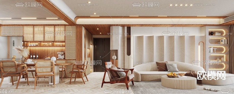 侘寂客厅餐厅3d模型下载(渲染图3)