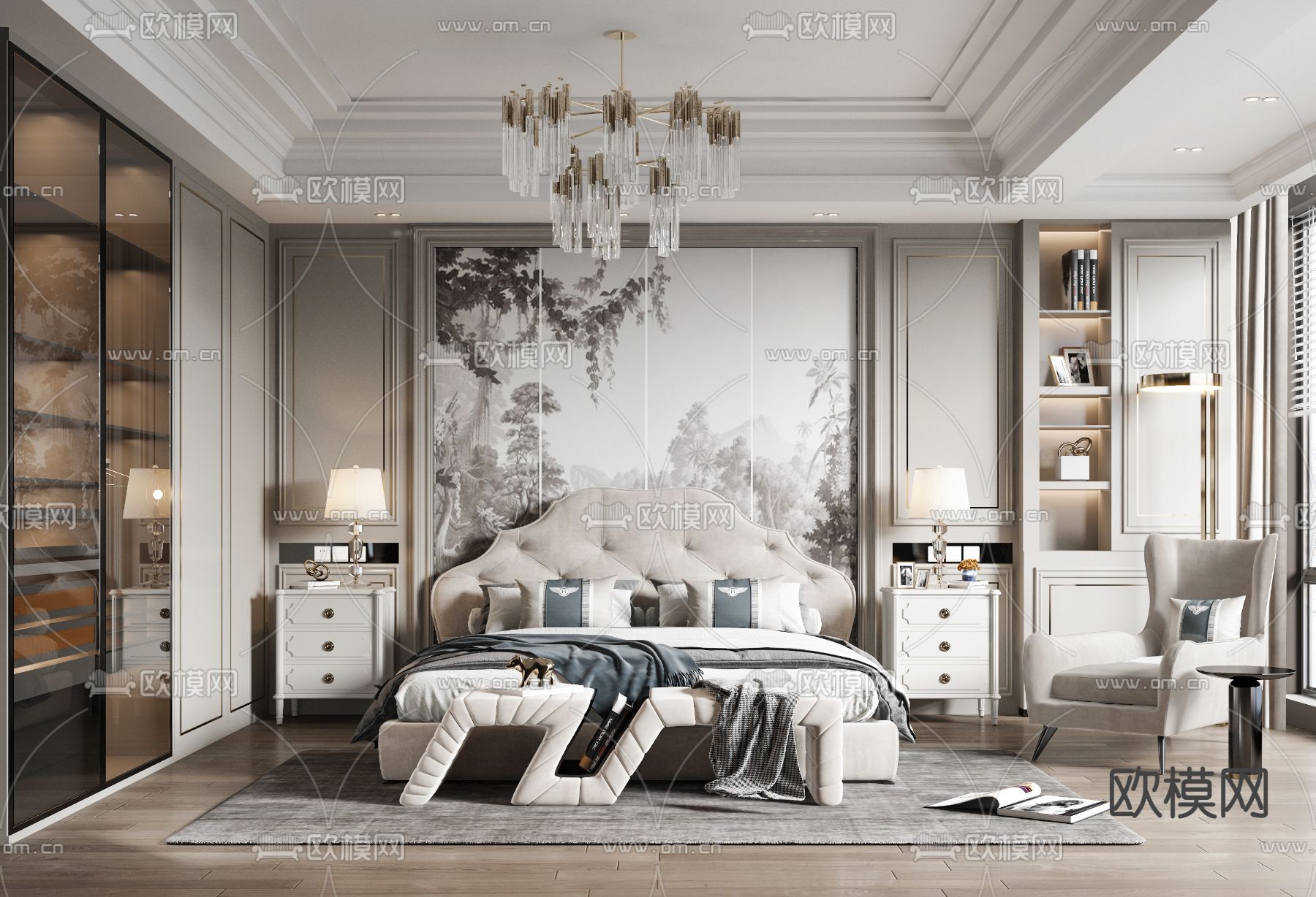 美式卧室主人房3d模型下载（渲染图1）