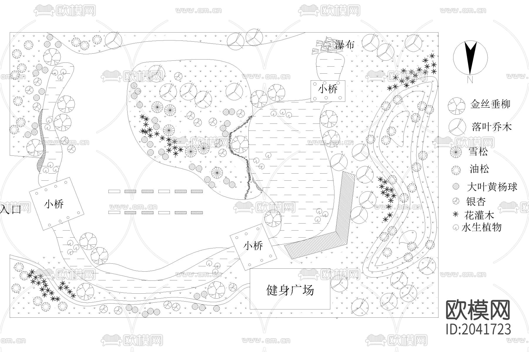 公园道路绿化cad施工图下载（渲染图2）