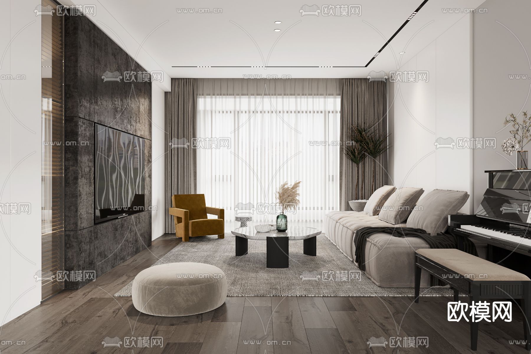 现代客厅餐厅免费3d模型下载（渲染图2）