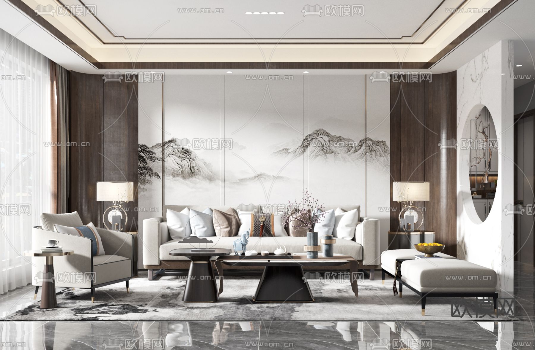 新中式布艺组合沙发3d模型下载