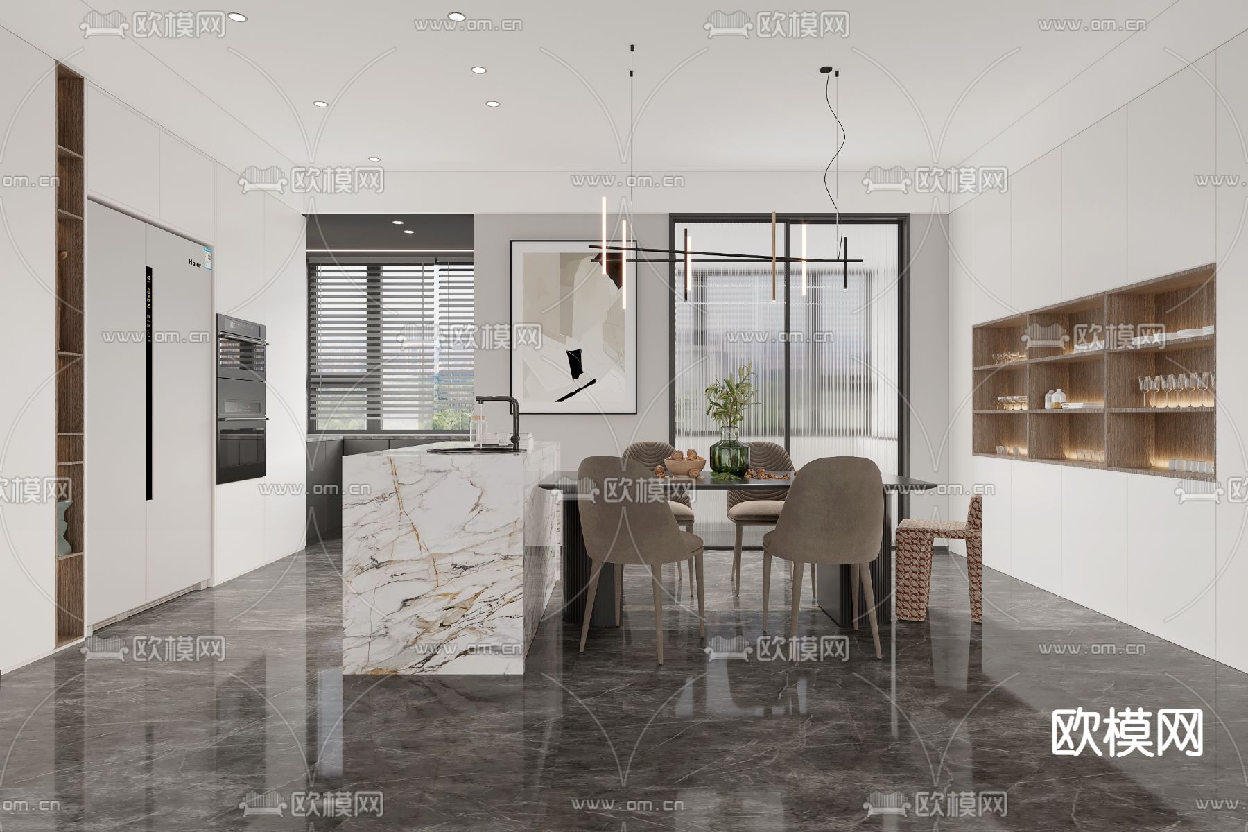 现代客厅餐厅免费3d模型下载（渲染图1）