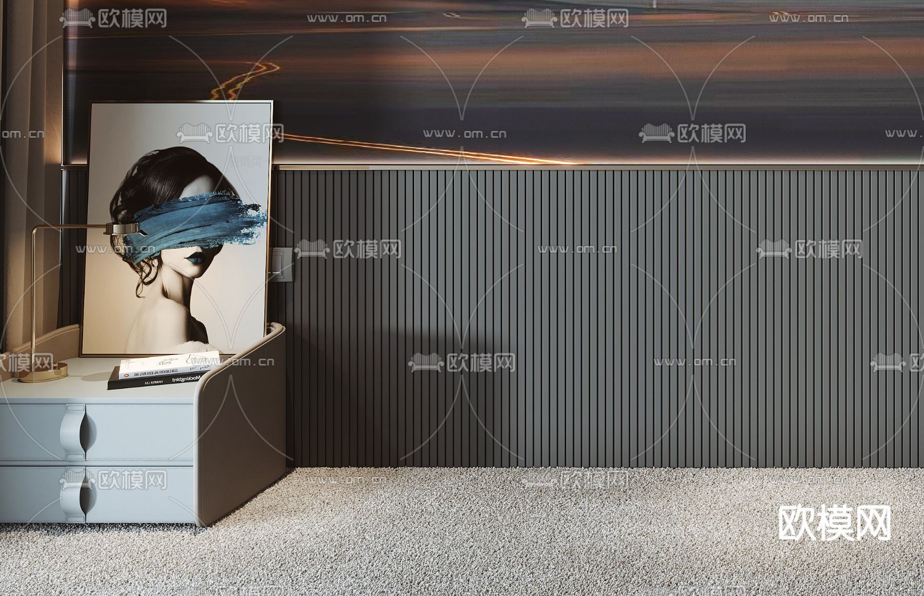 现代床头背景墙3d模型下载（渲染图2）