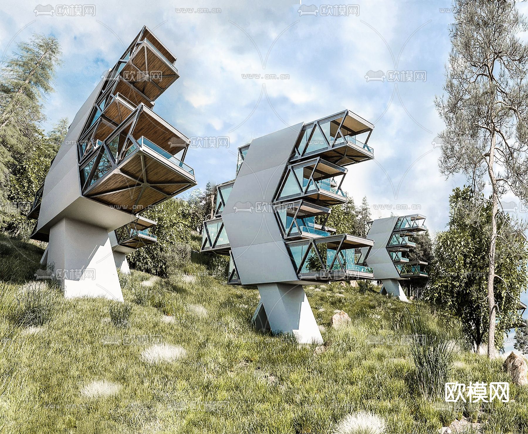 现代度假酒店外观su模型下载（渲染图1）