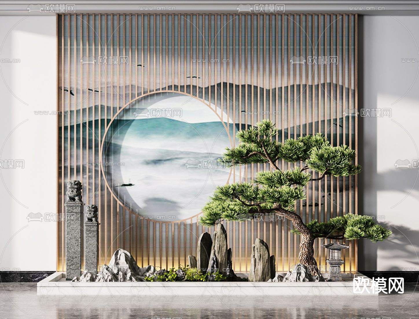 新中式松树假山景观小品3d模型下载