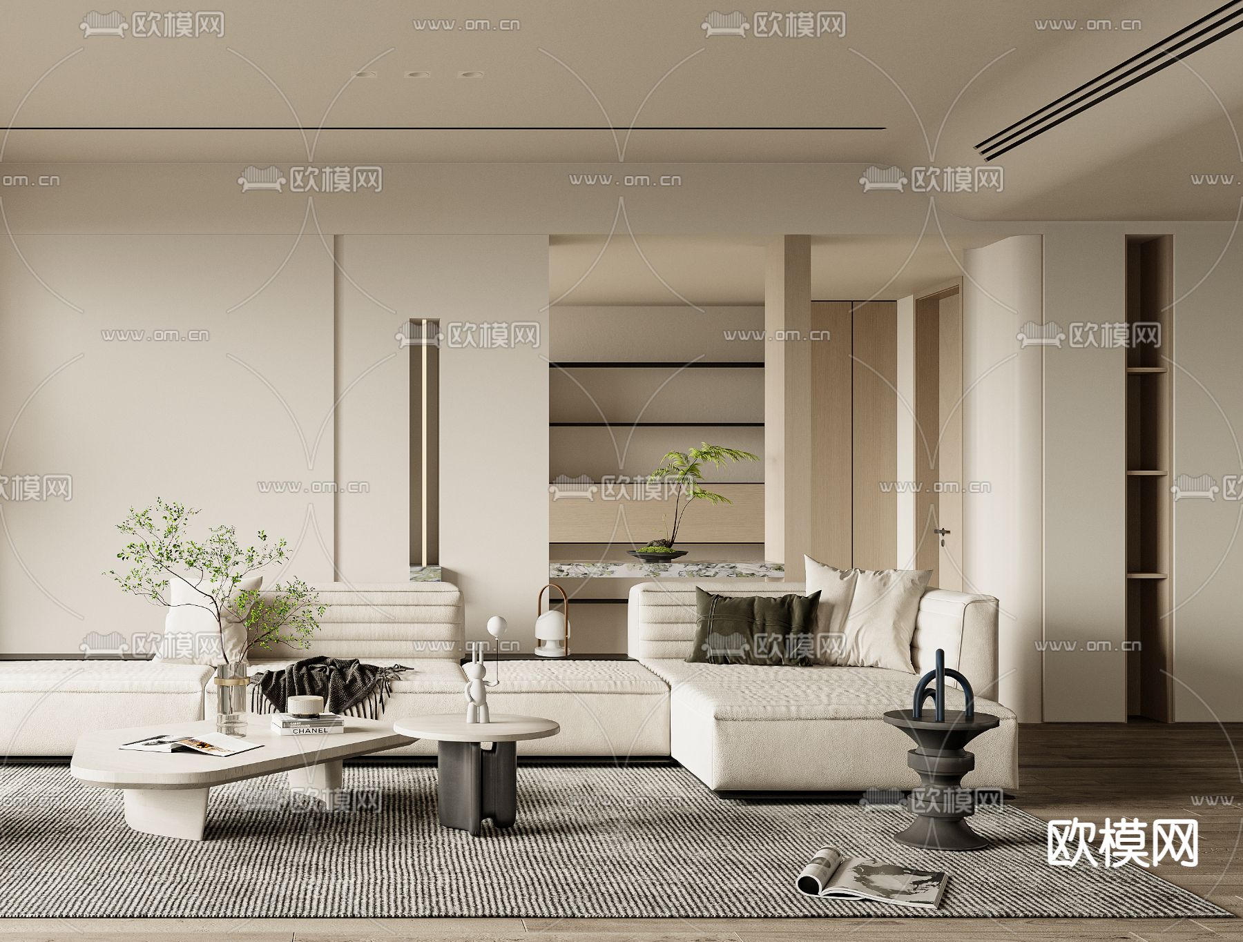 侘寂布艺转角沙发组合3d模型下载（渲染图3）