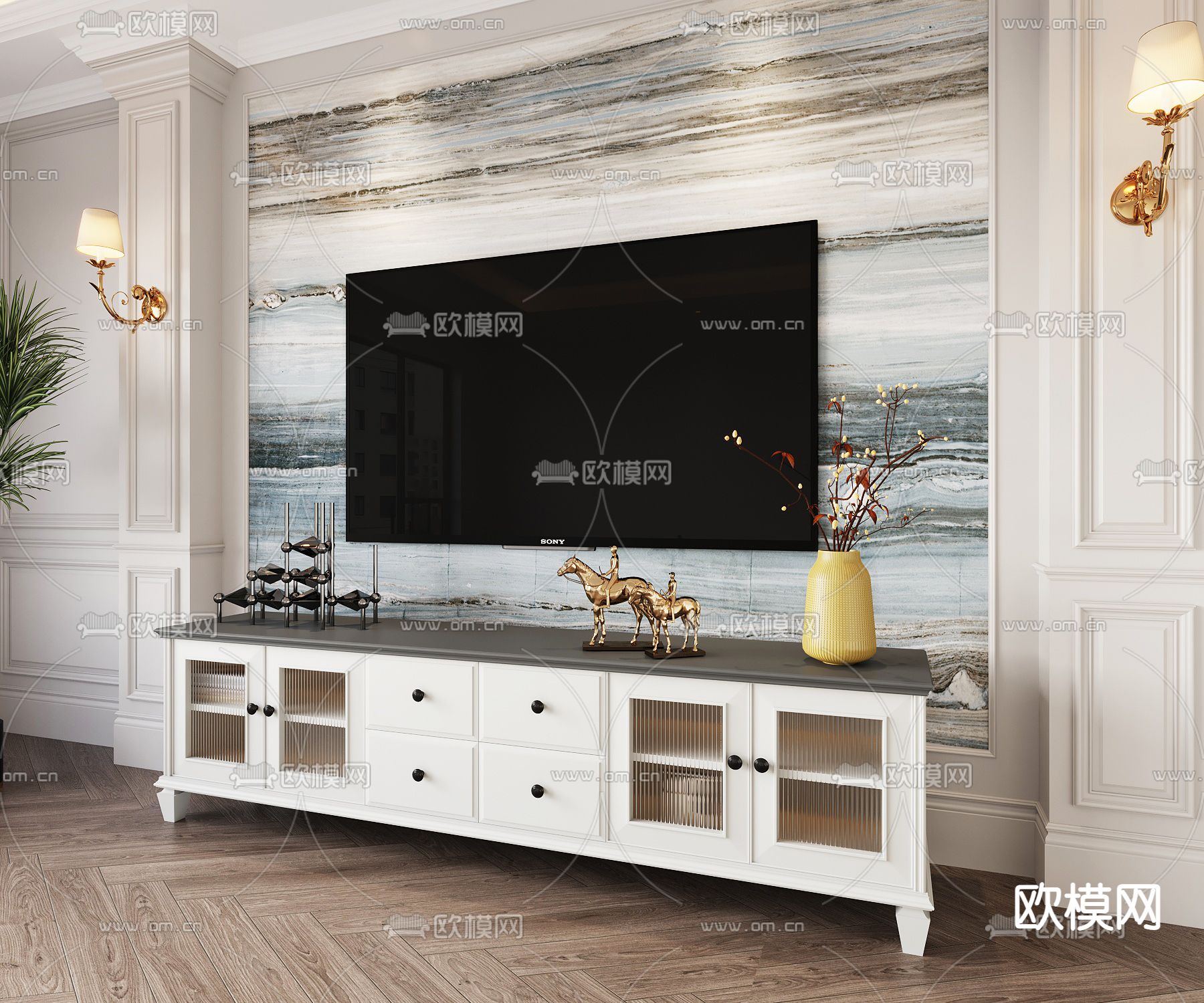 美式轻奢电视柜3d模型下载（渲染图2）
