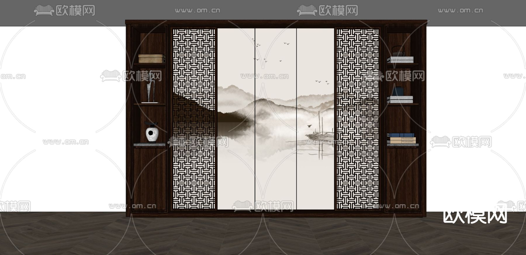 新中式装饰背景墙su模型下载（渲染图2）