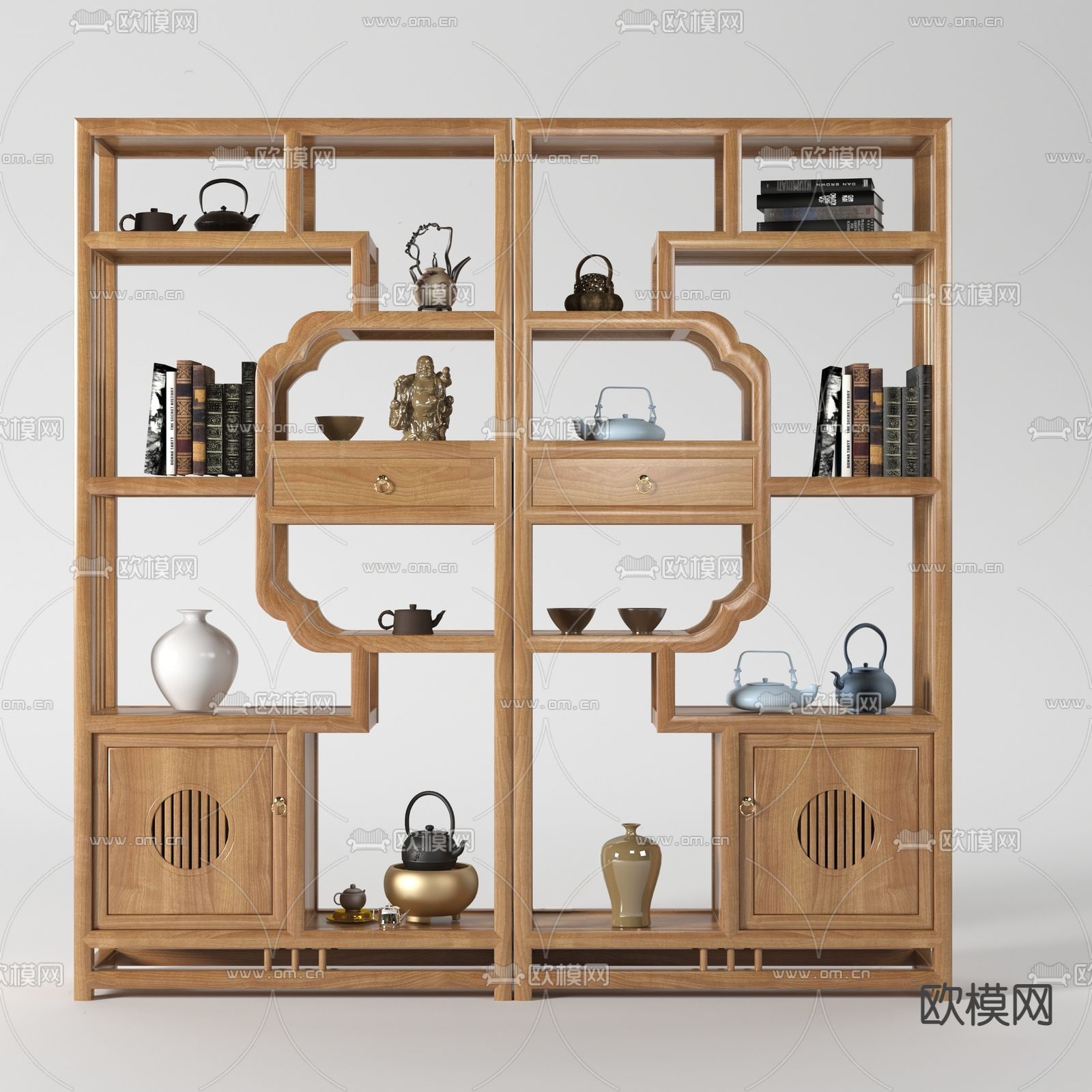 新中式实木博古架su模型下载（渲染图1）
