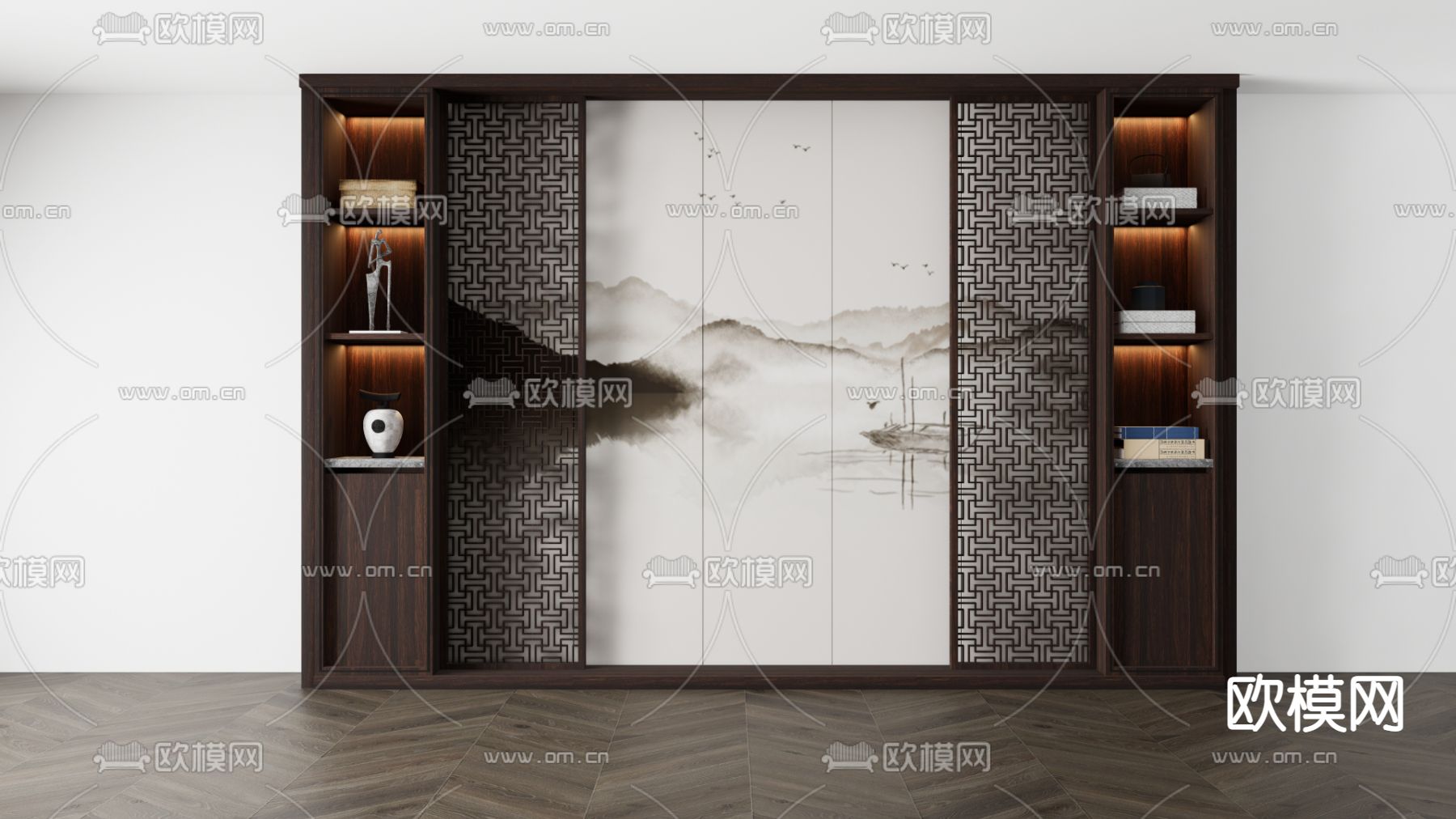 新中式装饰背景墙su模型下载（渲染图1）