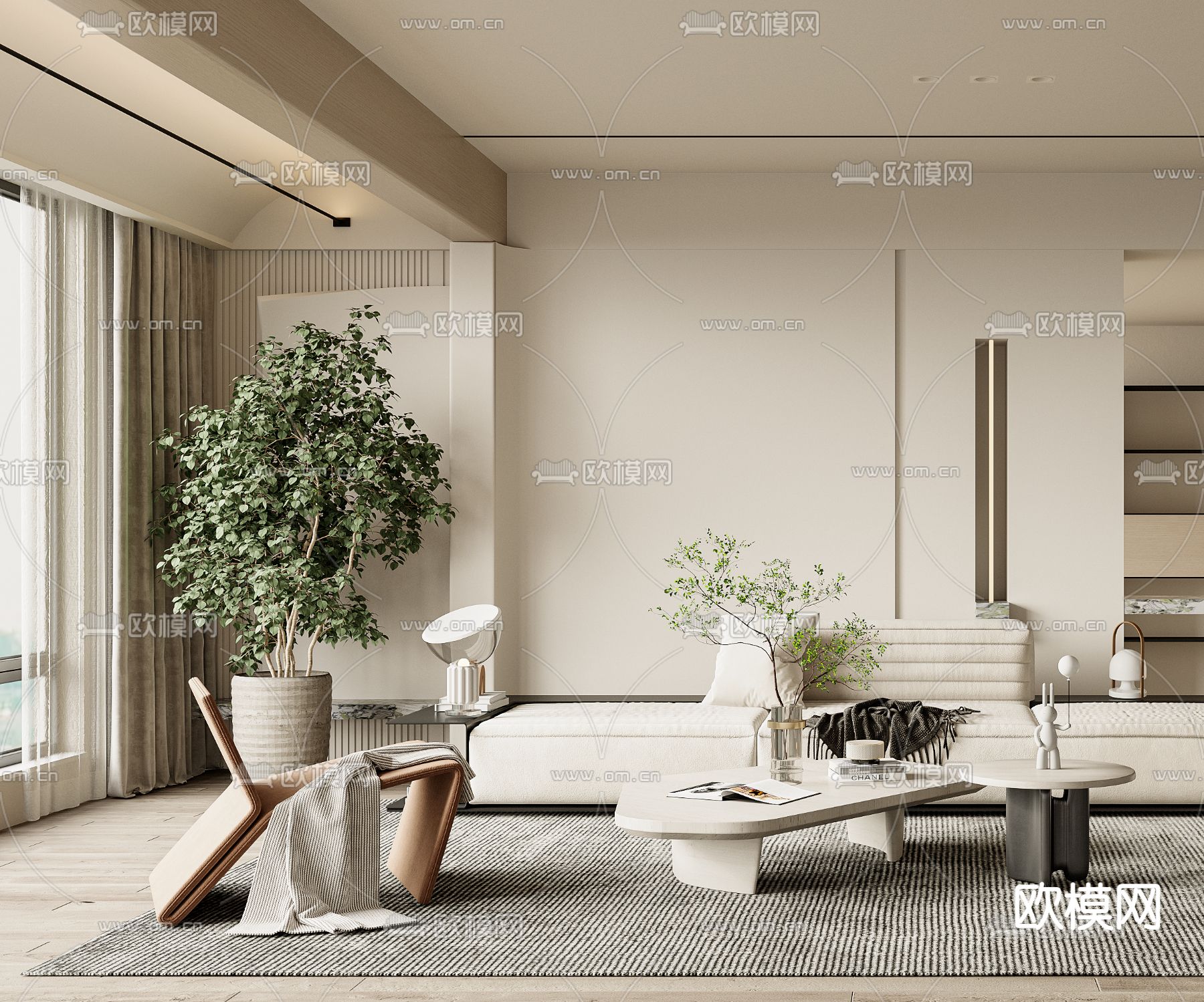 侘寂布艺转角沙发组合3d模型下载（渲染图2）