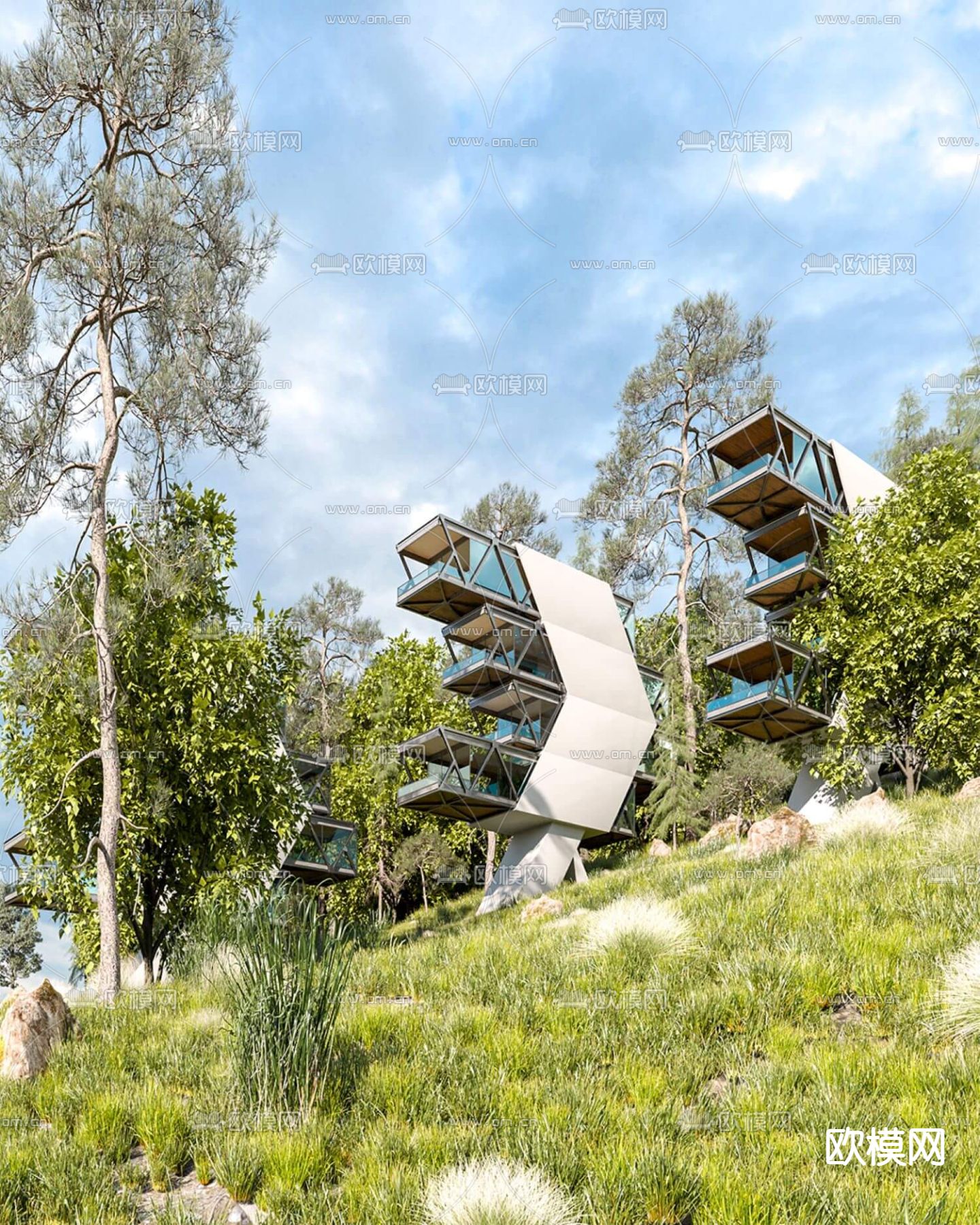 现代度假酒店外观su模型下载（渲染图3）