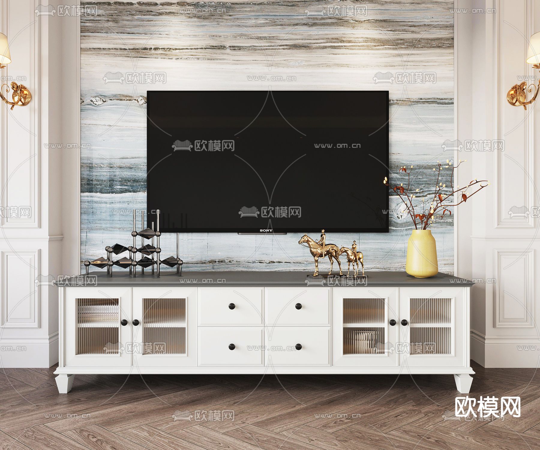 美式轻奢电视柜3d模型下载（渲染图1）