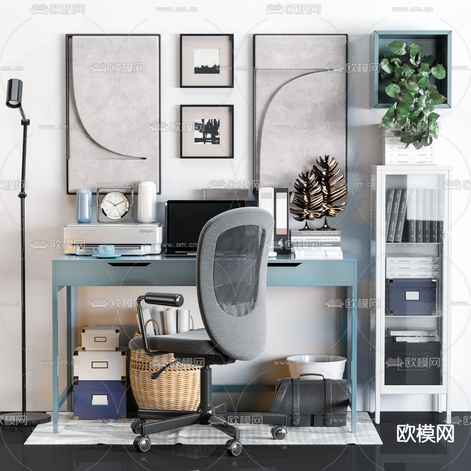 现代轻奢书桌椅3d模型下载（渲染图1）