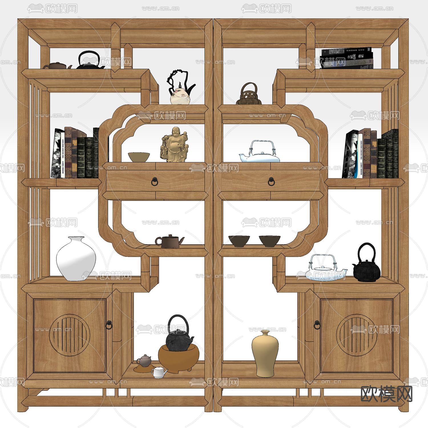 新中式实木博古架su模型下载（渲染图2）