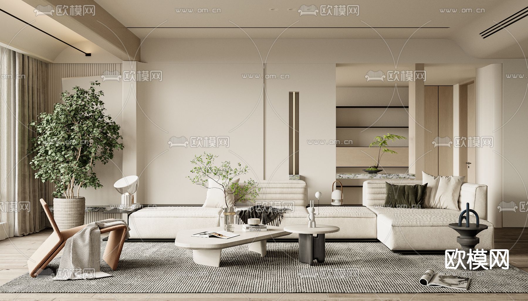 侘寂布艺转角沙发组合3d模型下载（渲染图4）