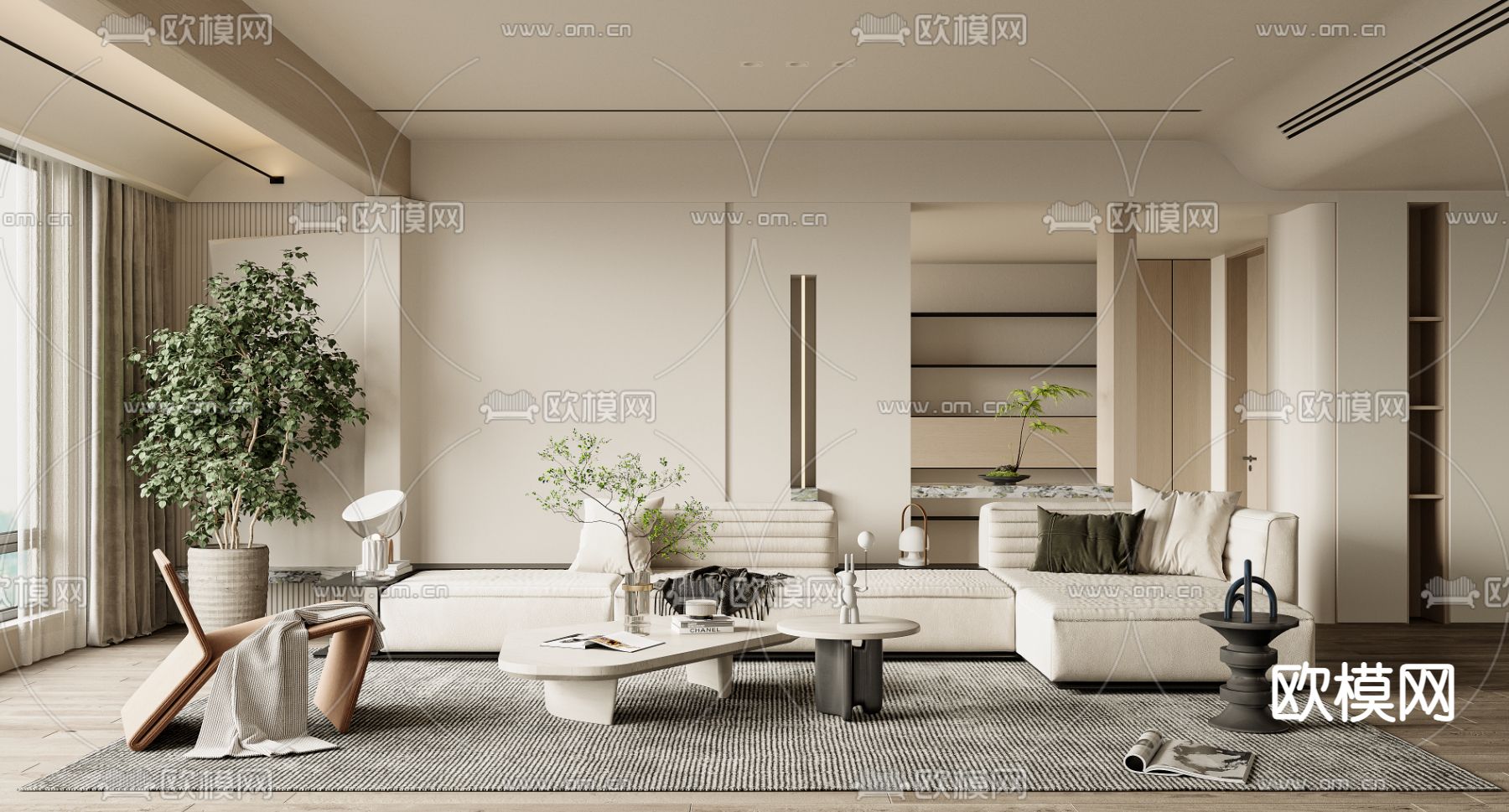 侘寂布艺转角沙发组合3d模型下载（渲染图1）