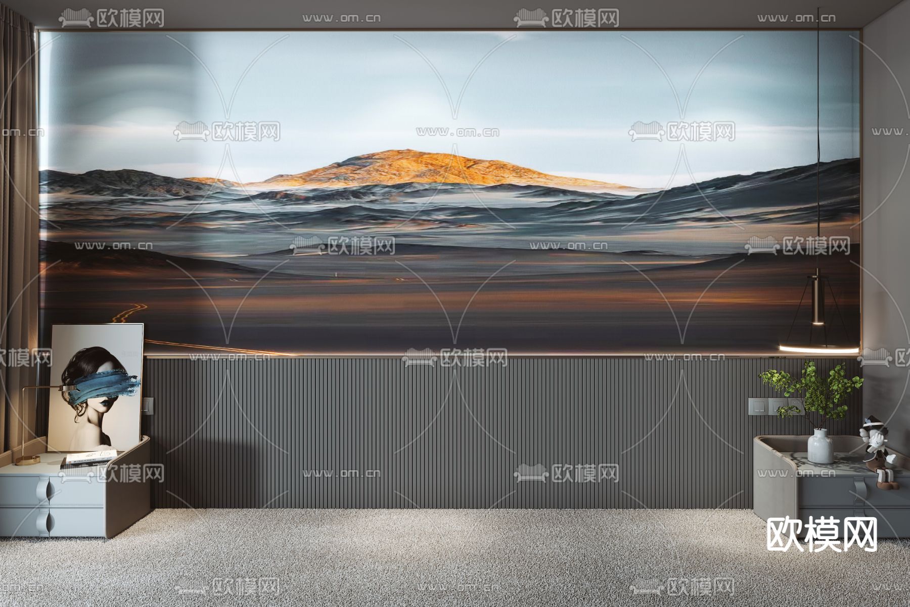 现代床头背景墙3d模型下载（渲染图1）