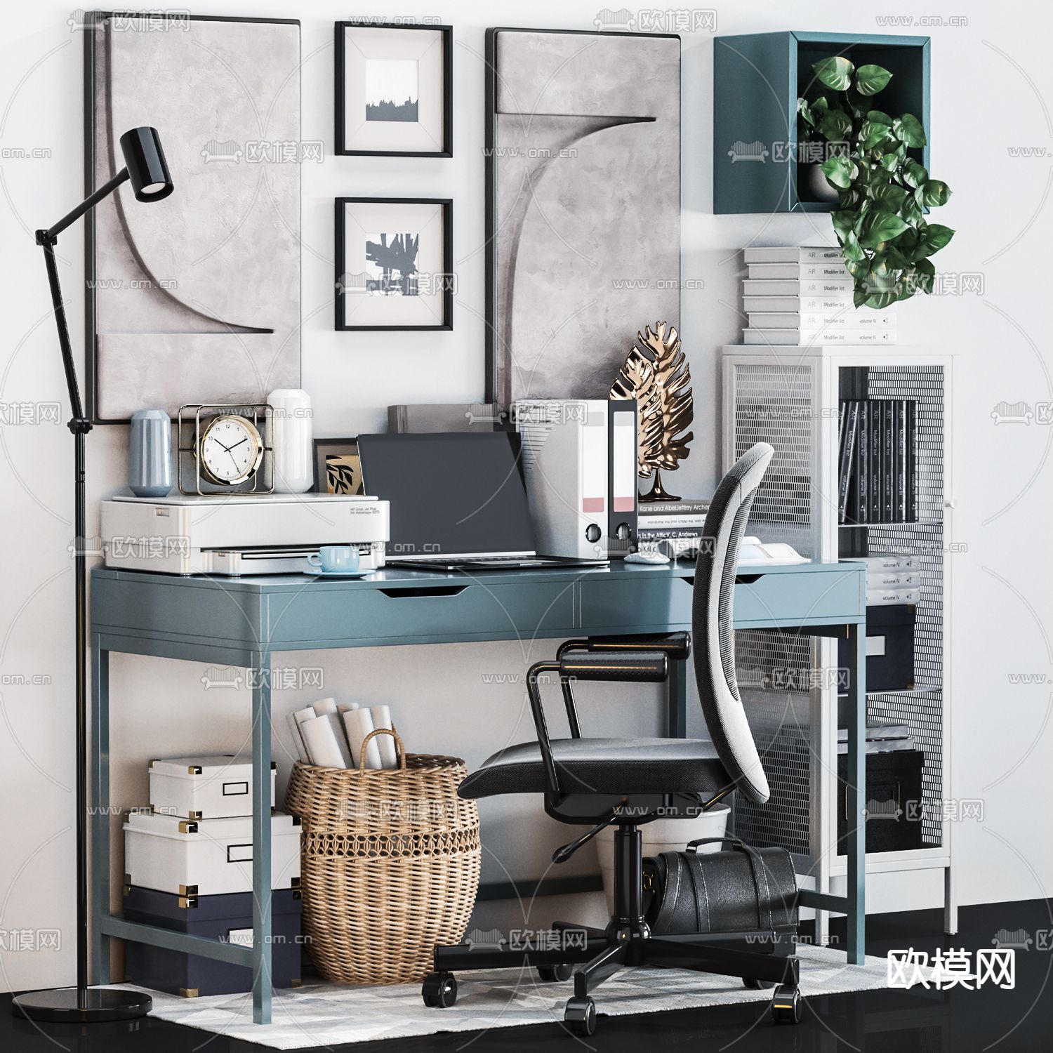 现代轻奢书桌椅3d模型下载（渲染图2）