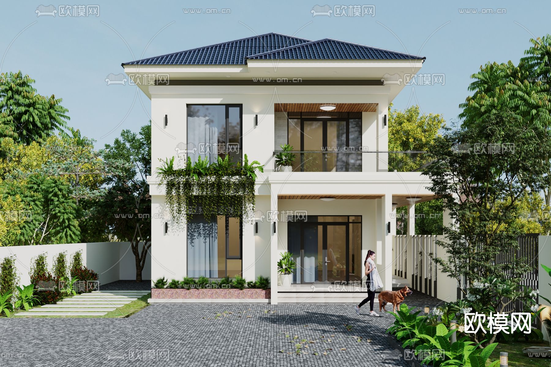 现代独栋别墅外观3d模型下载（渲染图1）