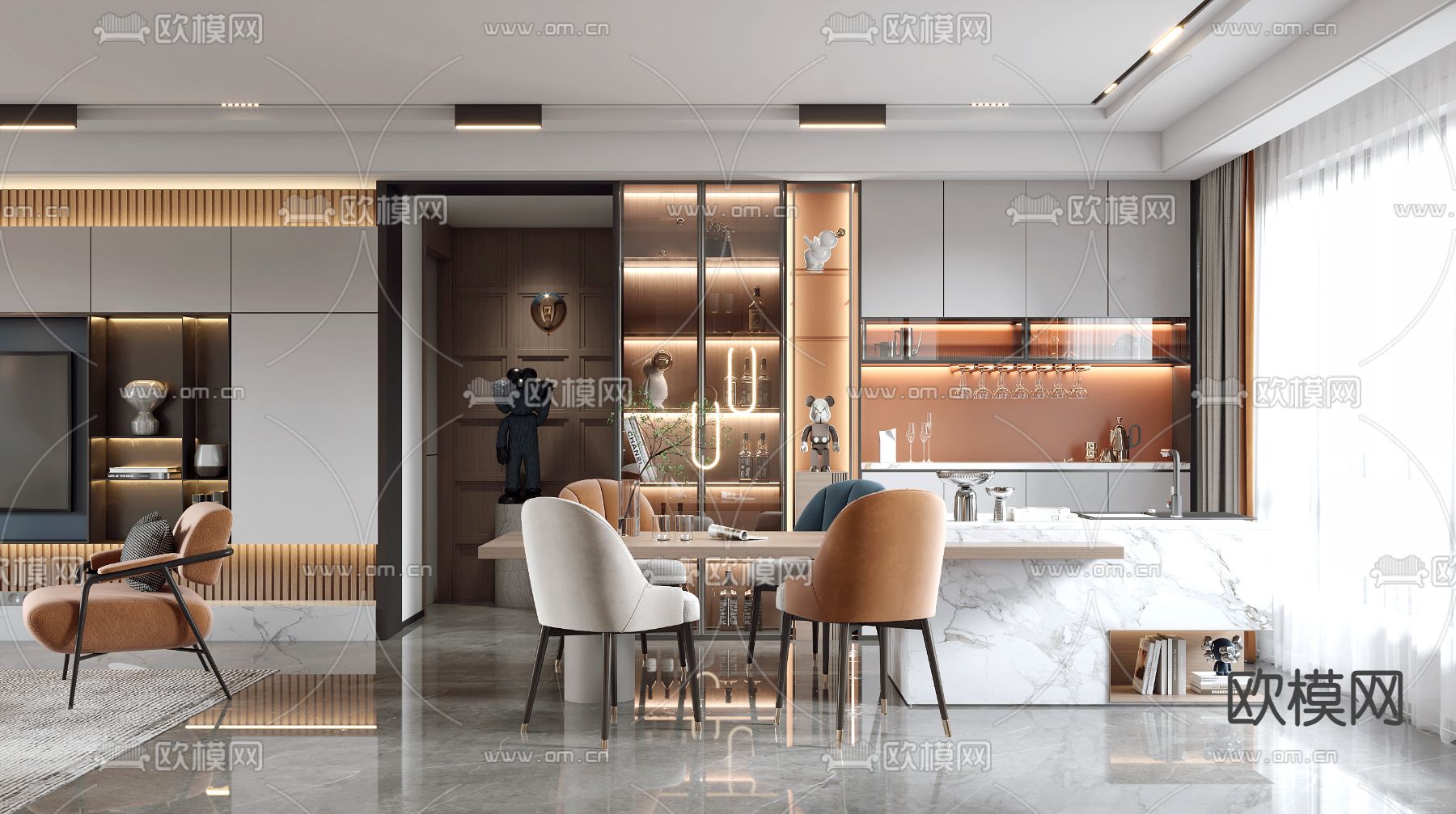现代轻奢客餐厅3d模型下载（渲染图3）