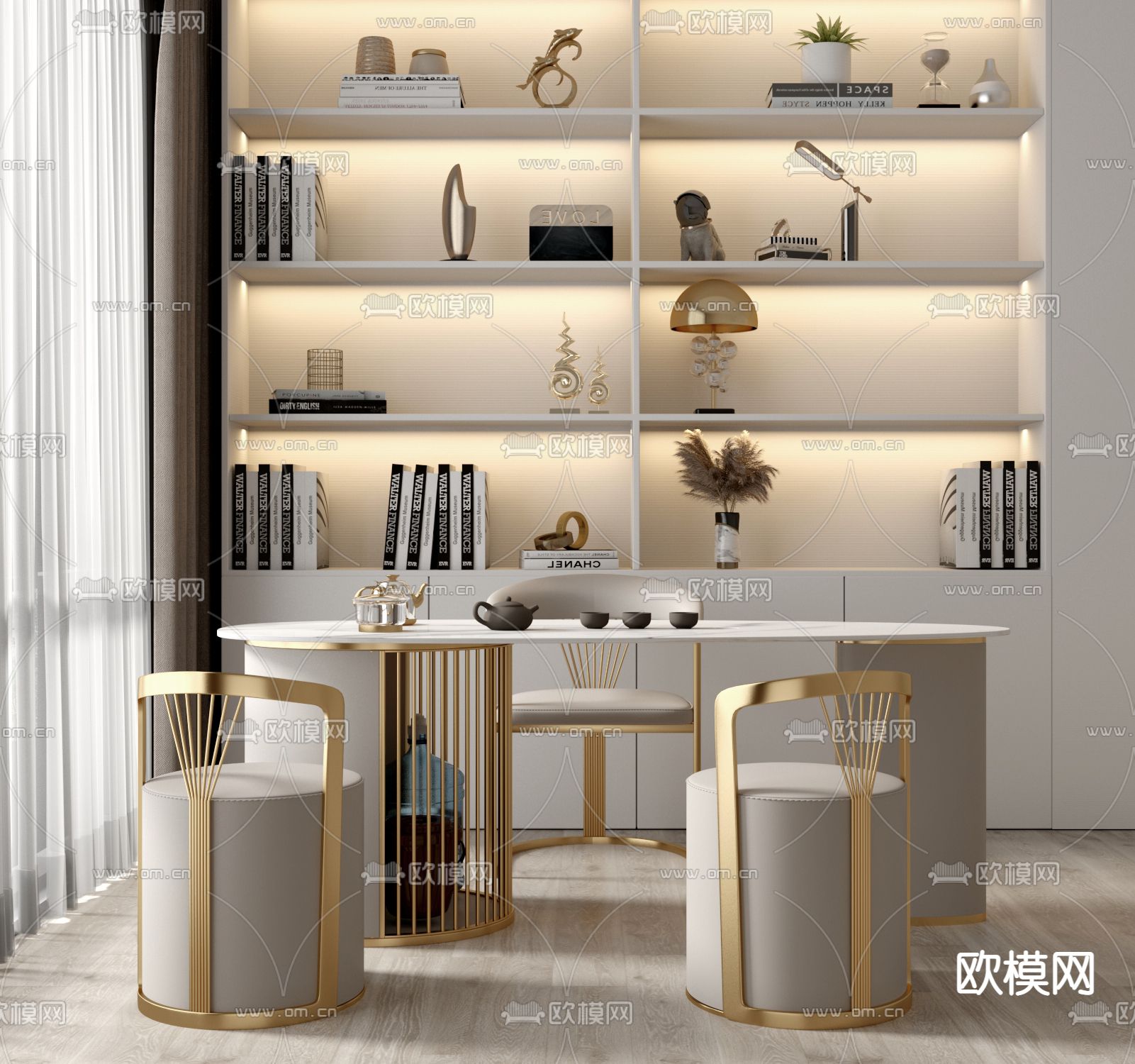 现代大理石茶桌椅3d模型下载（渲染图1）