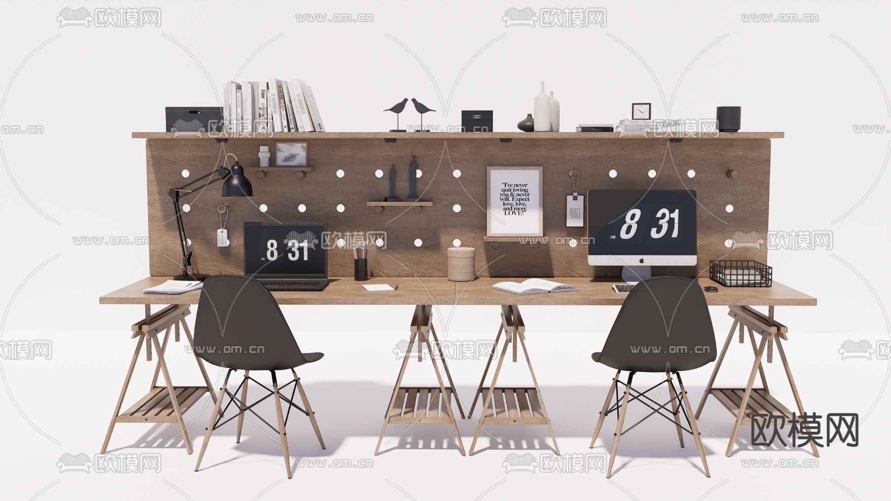 现代员工办公工位su模型下载（渲染图1）