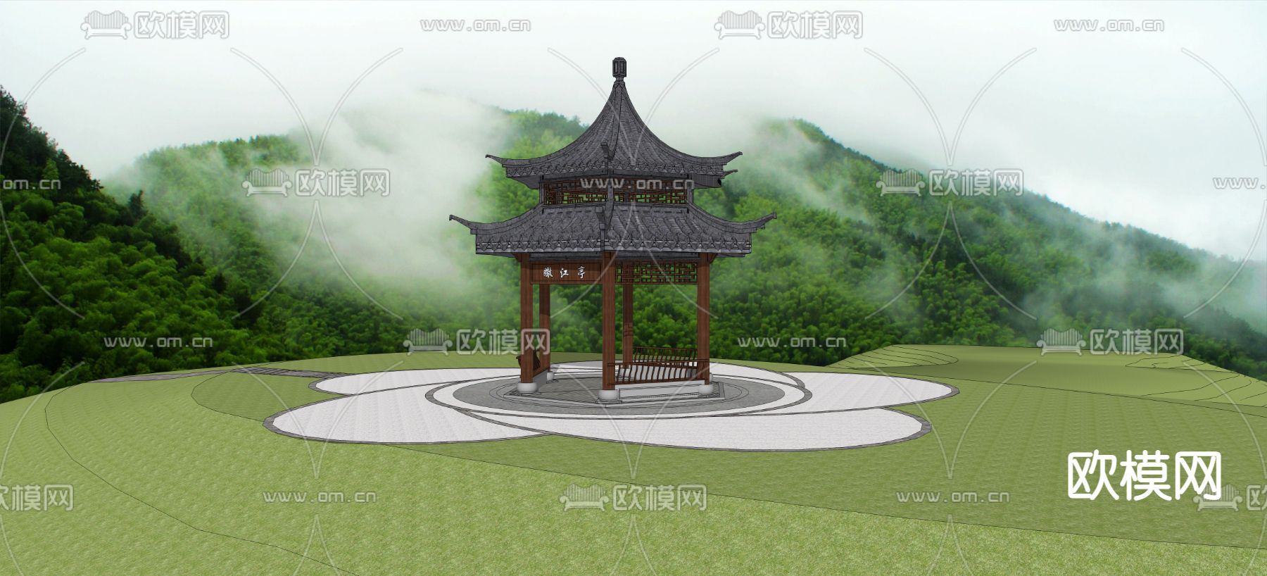 现代广场平台su模型下载（渲染图2）