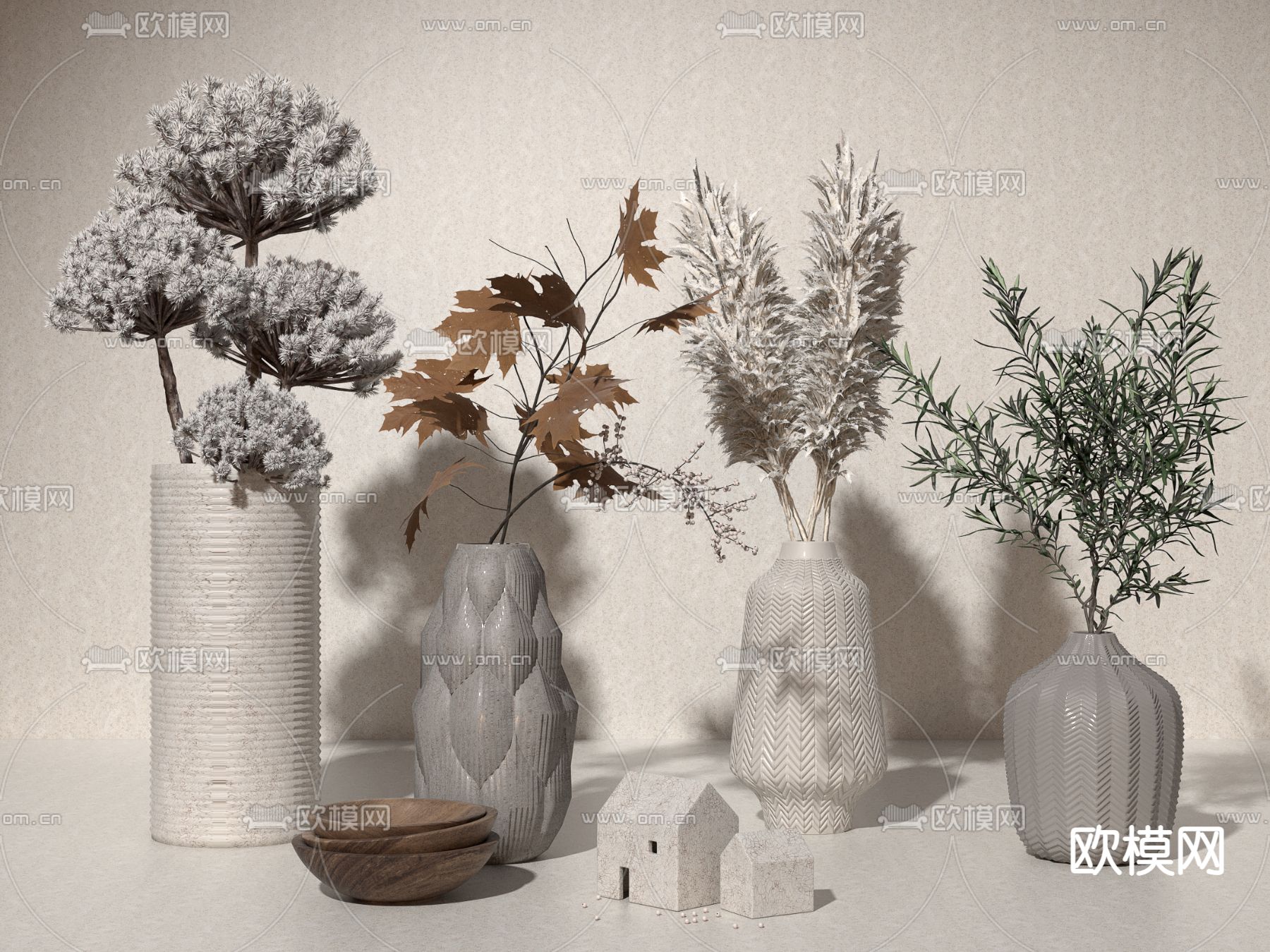 侘寂干花花瓶花艺3d模型下载