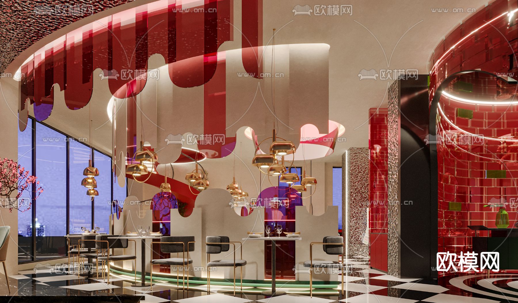 新中式轻奢中餐厅3d模型下载（渲染图2）