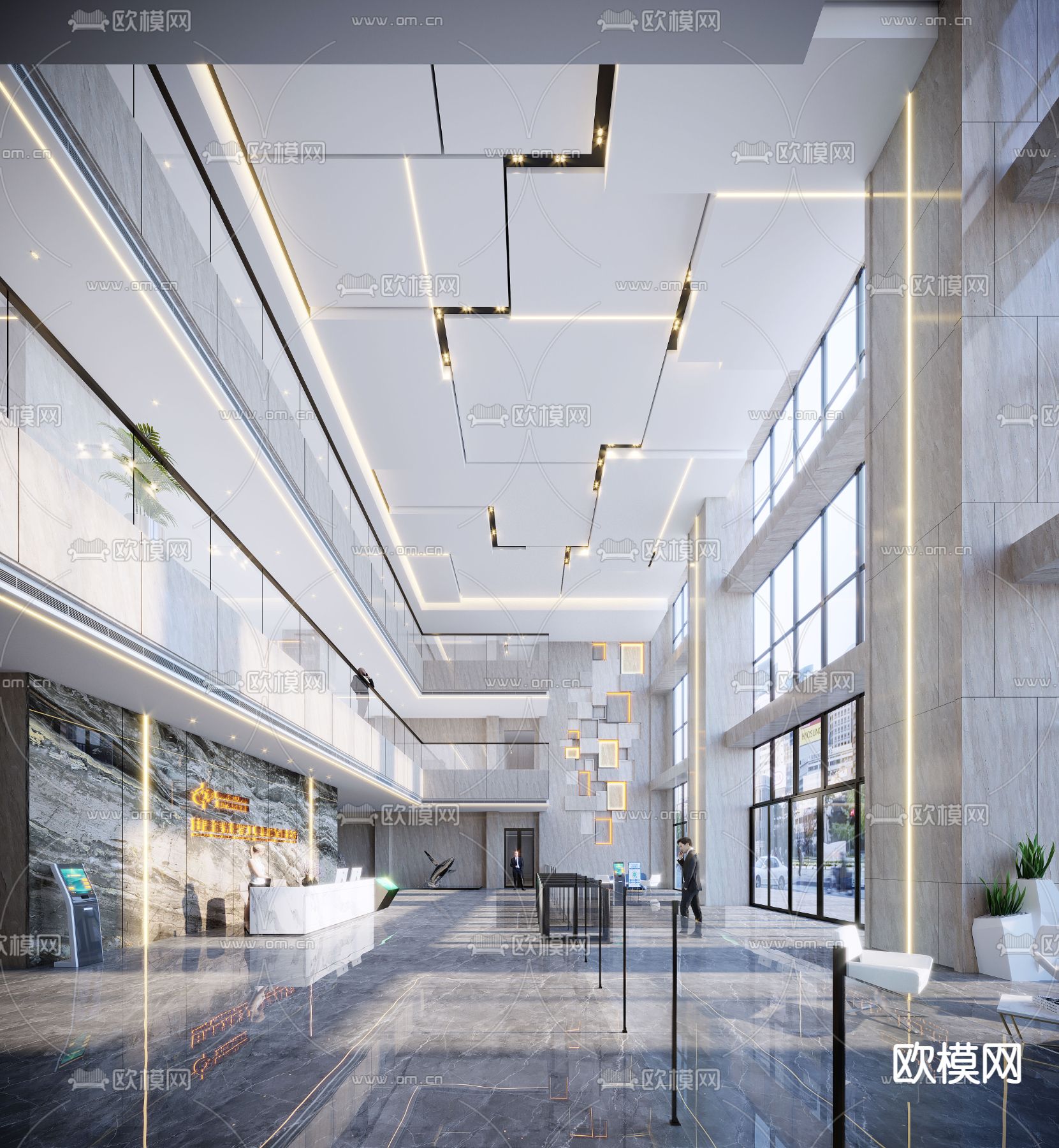 现代办公楼大堂3d模型下载（渲染图1）