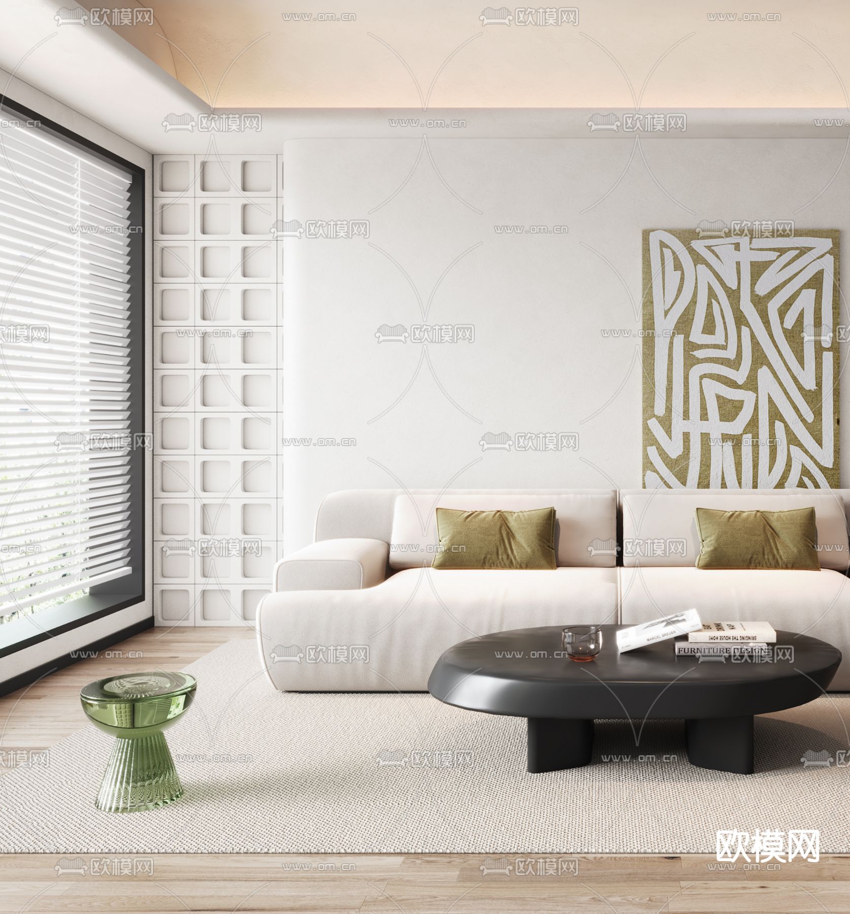 侘寂风布艺沙发组合3d模型下载（渲染图2）