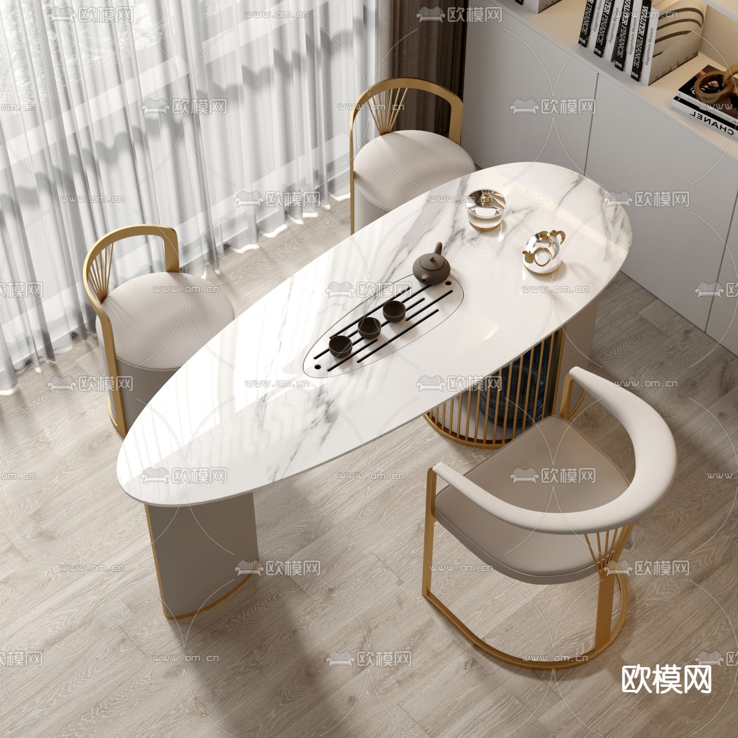 现代大理石茶桌椅3d模型下载（渲染图2）