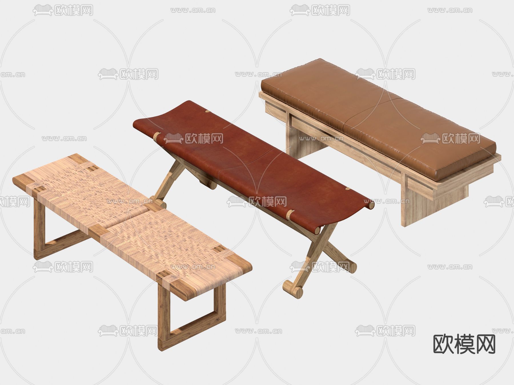 侘寂风藤编床尾凳长凳3d模型下载