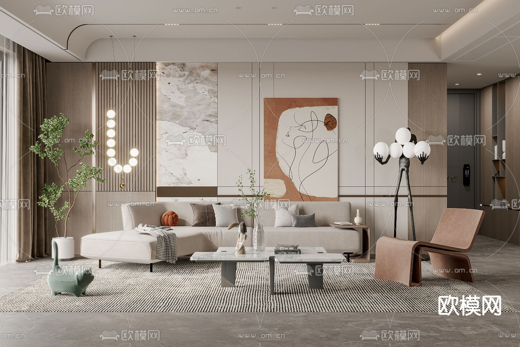 现代布艺弧形沙发组合3d模型下载（渲染图1）